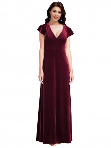 Purchase Flutter Sleeve Velvet Maxi Prom Dress with Pockets UK