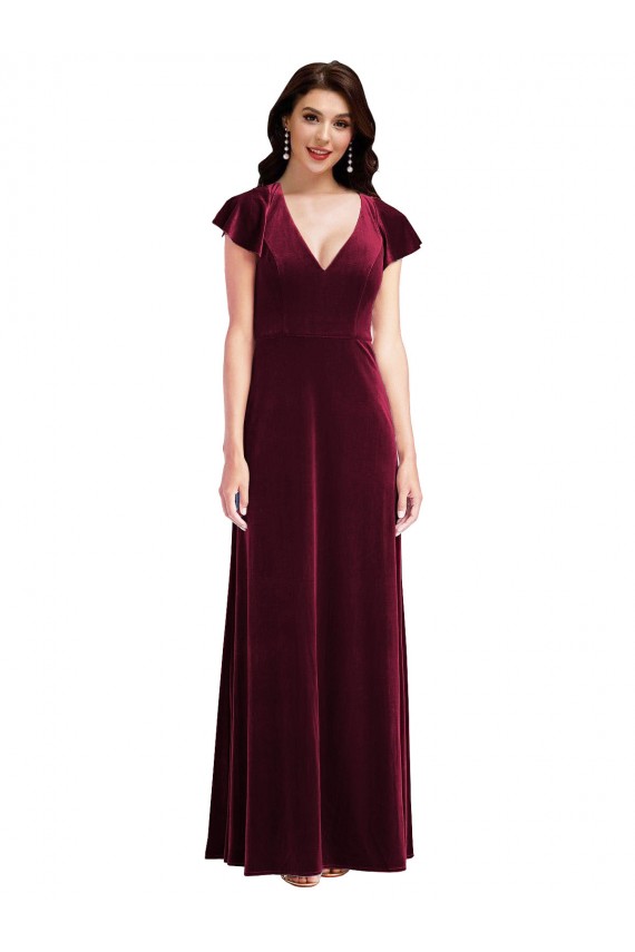 Purchase Flutter Sleeve Velvet Maxi Prom Dress with Pockets UK