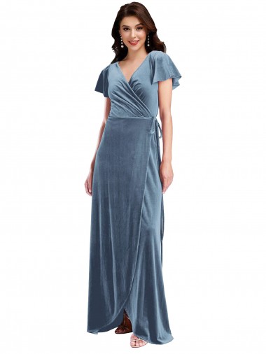 Purchase Flutter Sleeve Velvet Wrap Maxi Prom Dress with Pockets UK