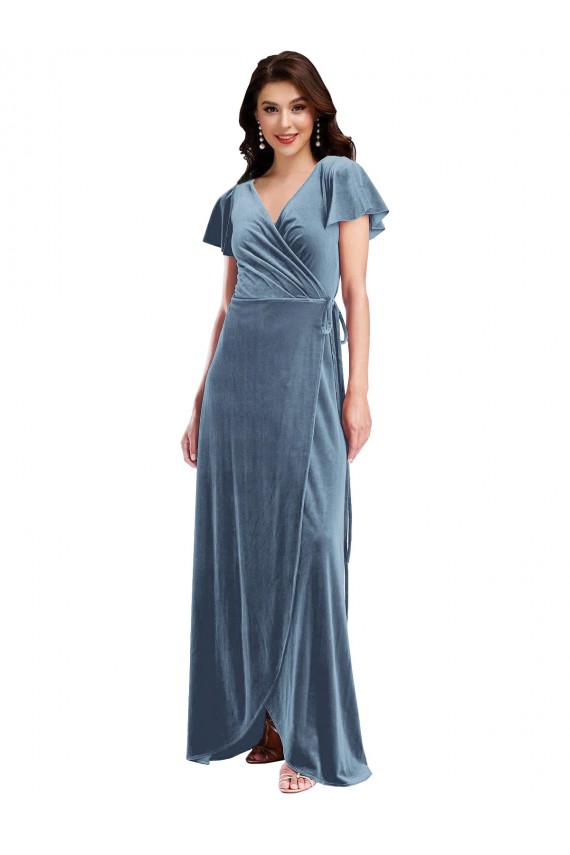 Purchase Flutter Sleeve Velvet Wrap Maxi Prom Dress with Pockets UK