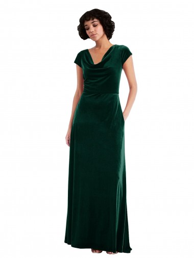 Purchase Cowl Neck Cap Sleeve Velvet Maxi Prom Dress with Pockets UK