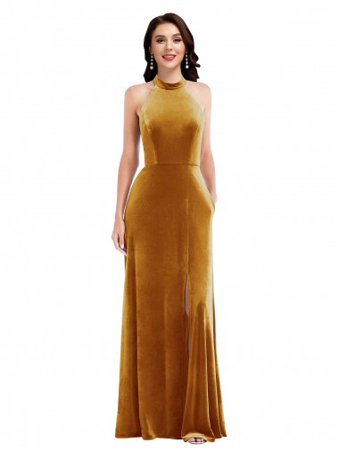 Purchase High-Neck Halter Velvet Maxi Prom Dress with Front Slit UK