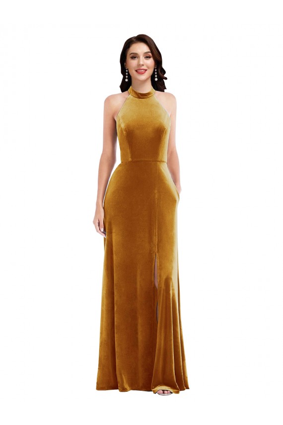 Purchase High-Neck Halter Velvet Maxi Prom Dress with Front Slit UK