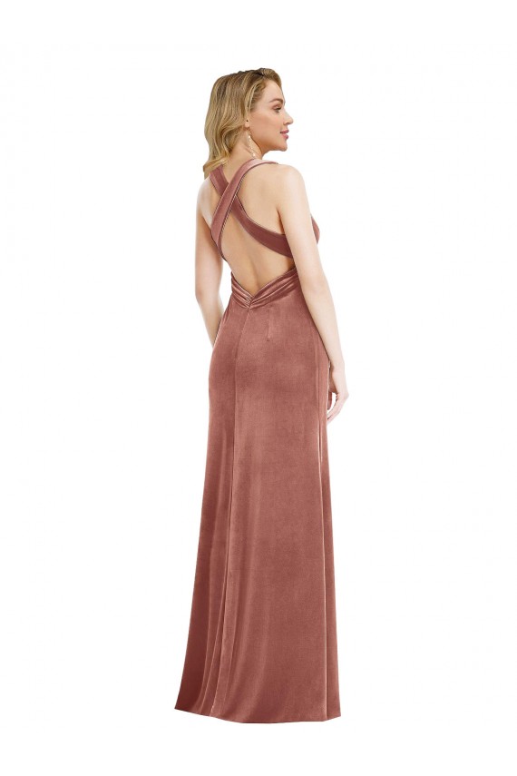 Purchase Plunging Neckline Velvet Maxi Prom Dress with Criss Cross Open Back UK