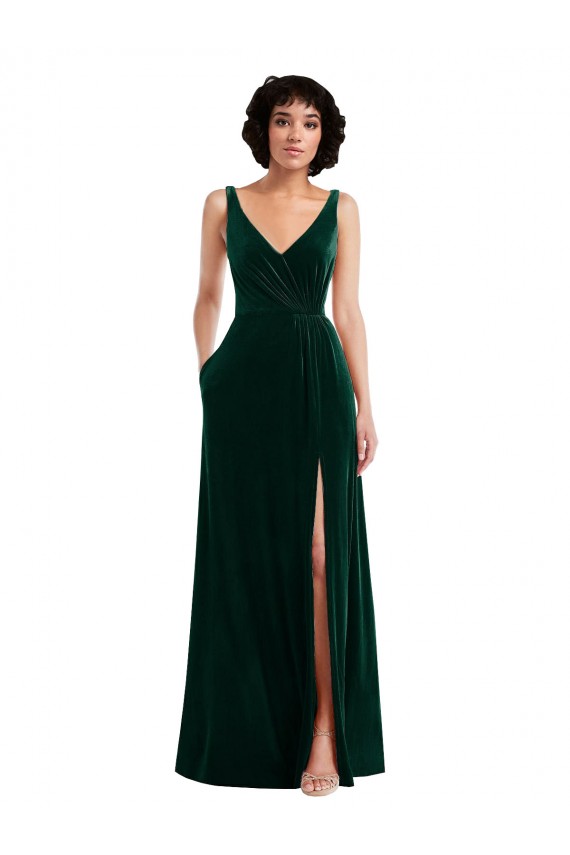 Purchase Floor Length Velvet Maxi Prom Dress with Shirred Bodice and Front Slit UK