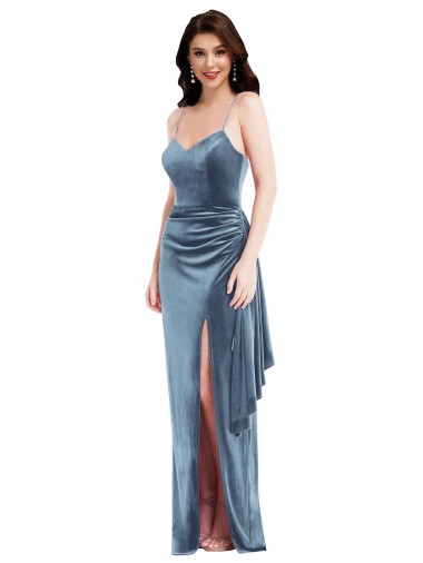 Purchase Spaghetti Strap Velvet Maxi Prom Dress with Draped Skirt UK