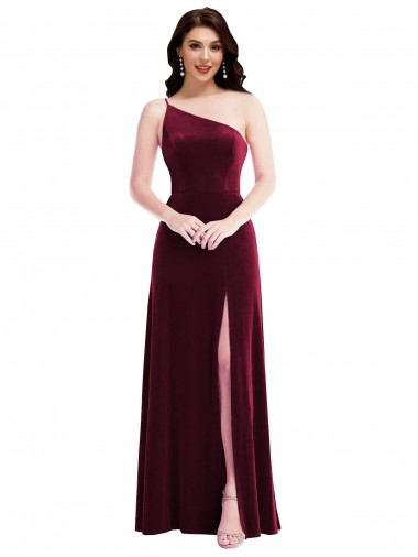 Purchase One Shoulder Spaghetti Strap Velvet Maxi Prom Dress with Pockets UK