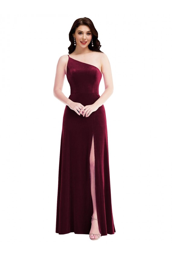 Purchase One Shoulder Spaghetti Strap Velvet Maxi Prom Dress with Pockets UK