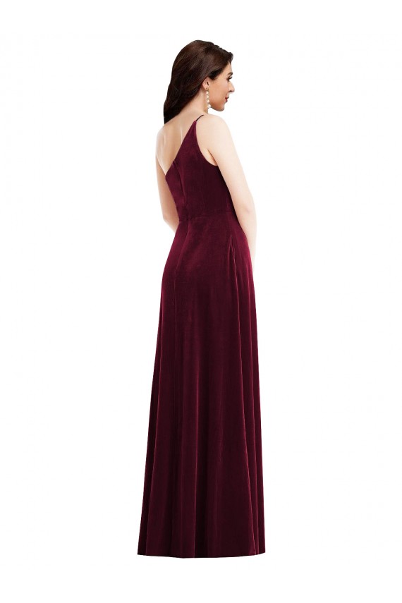 Purchase One Shoulder Spaghetti Strap Velvet Maxi Prom Dress with Pockets UK