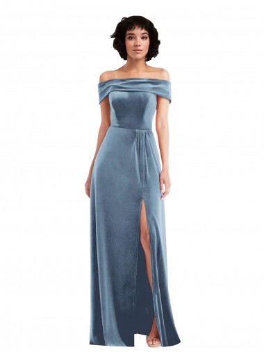 Purchase Draped Cuff Off the Shoulder Velvet Maxi Prom Dress with Pockets UK