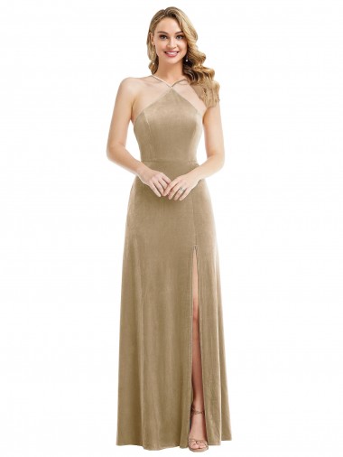 Purchase High Neck Halter Open Back Long Velvet Maxi Prom Dress with Pockets UK