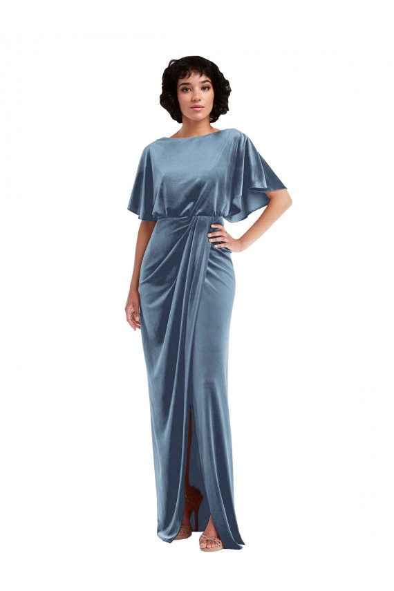 Purchase Flutter Sleeve Open Back Velvet Maxi Prom Dress with Pockets & Draped Wrap Skirt UK