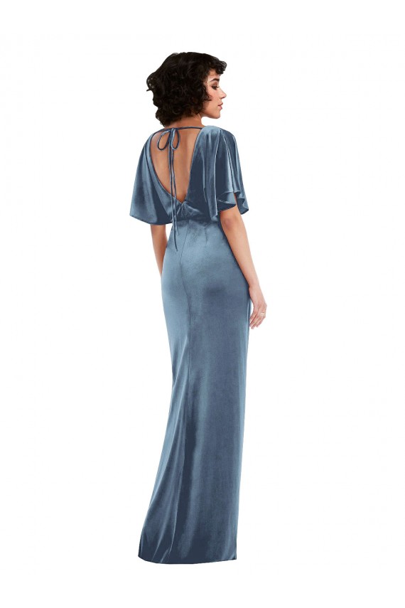 Purchase Flutter Sleeve Open Back Velvet Maxi Prom Dress with Pockets & Draped Wrap Skirt UK