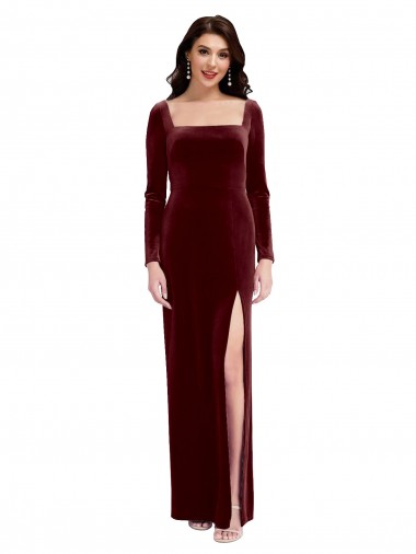 Purchase Sleek Square Neck Spaghetti Straps Velvet Prom Dress with Side Slit UK