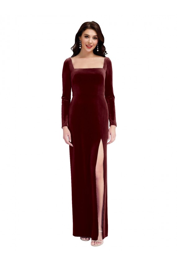 Purchase Sleek Square Neck Spaghetti Straps Velvet Prom Dress with Side Slit UK