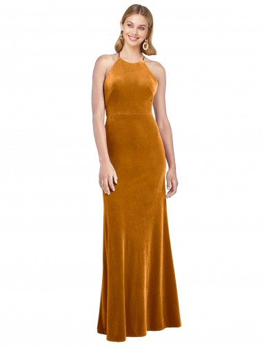 Purchase Halter Neckline Long Full Length Velvet Prom Dress with Strappy Back UK