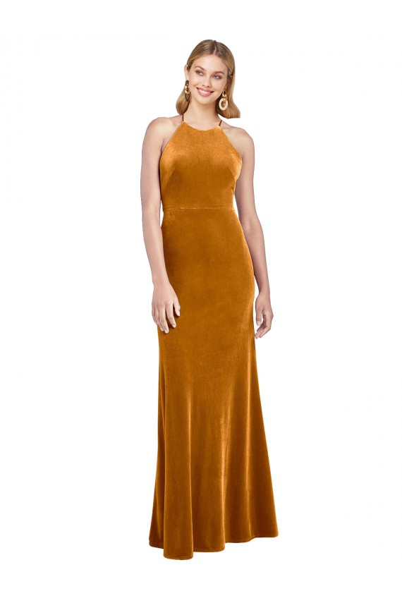 Purchase Halter Neckline Long Full Length Velvet Prom Dress with Strappy Back UK