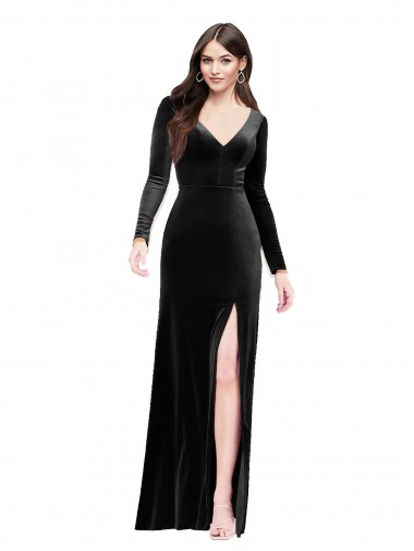 Purchase Long Sleeves Velvet Prom Dress with V-Neckline and Thigh Slit UK