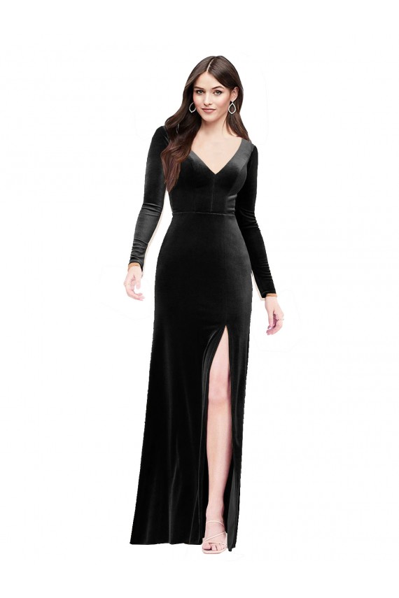 Purchase Long Sleeves Velvet Prom Dress with V-Neckline and Thigh Slit UK