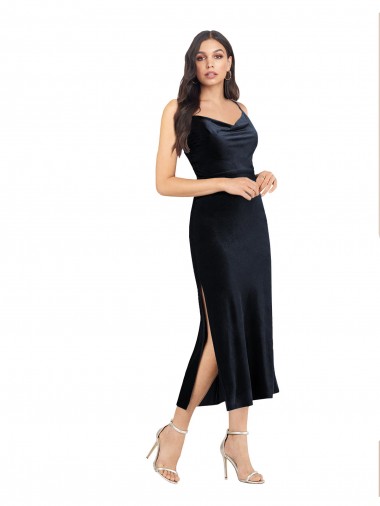 Purchase Midi Length Velvet Cocktail Prom Dress / Homecoming Dress with Cowl Neck and Spaghetti Straps UK