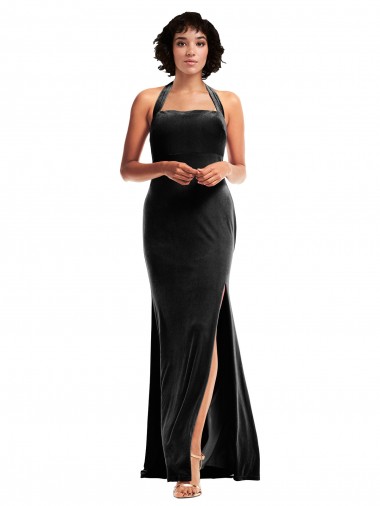 Purchase Empire Waist Stretch Velvet Prom Dress with Halter Strap UK