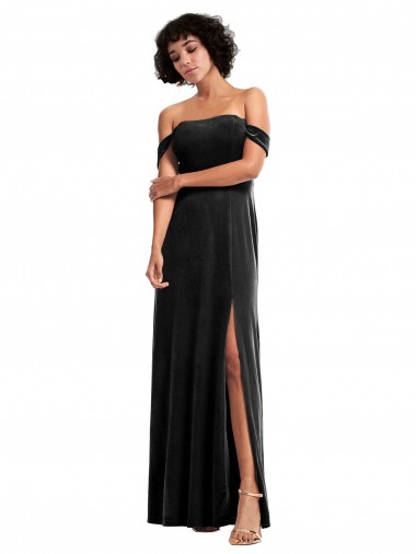 Purchase Off the Shoulder Drapped Sleeves Stretch Velvet Prom Dress UK