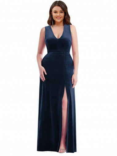 Purchase Deep V-Neck Sleeveless Velvet Maxi Prom Dress with Pockets UK