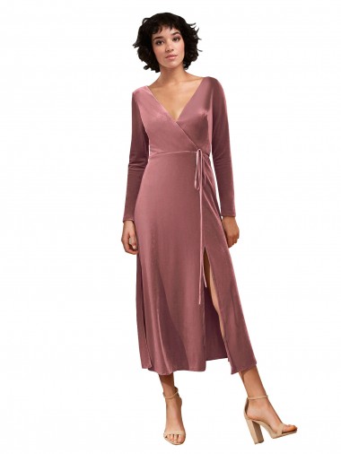 Purchase Long Sleeve Velvet Faux Wrap Midi Length Prom Dress UK