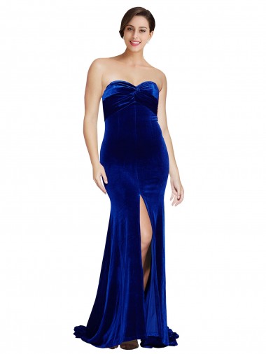 Purchase Strapless Ruched Velvet Prom Dress with Sweep Train and Front Slit UK