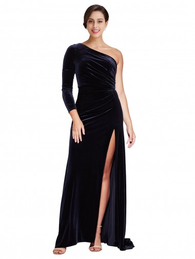 Purchase One Sleeve Long Velvet Prom Dress with Thigh High Split UK