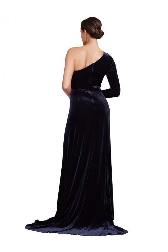 Purchase One Sleeve Long Velvet Prom Dress with Thigh High Split UK