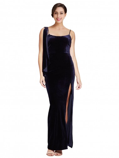 Purchase Long Velvet Prom Dress with Side Thigh Split and Shoulder Tie UK