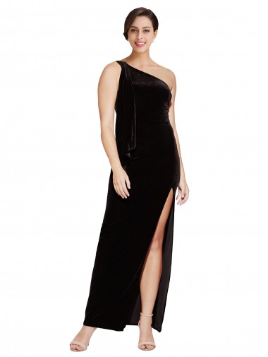 Purchase One Shoulder Long Velvet Prom Dress with Side Split and Shoulder Tie UK