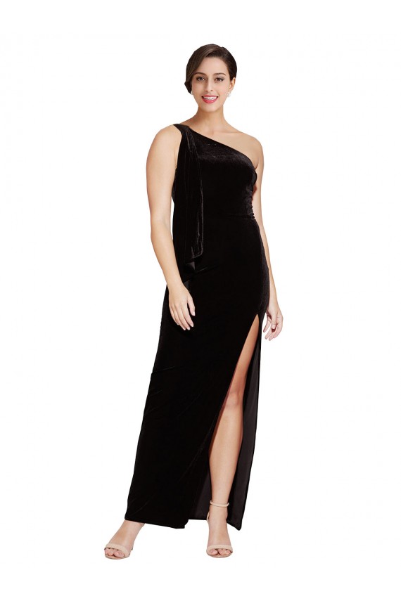 Purchase One Shoulder Long Velvet Prom Dress with Side Split and Shoulder Tie UK