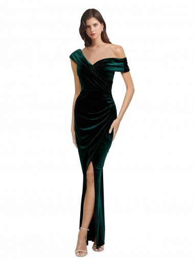 Purchase Long Asymmetric Neckline Ruched Velvet Prom Dress UK